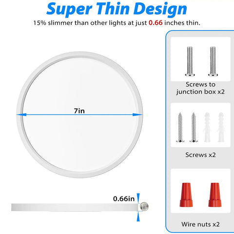Diagram showing the Five Pack 9 Inch Flush Mount Ceiling Light White 18W 5000K LED Ultra Slim Round Flat Low Profile Fixture with measurements and included screws and wire nuts.
