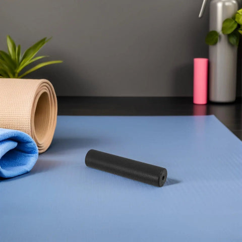 Ergonomic Lifting Handle Covers For Dumbbells And Barbells Non Slip Plastic Grips on blue yoga mat with exercise equipment