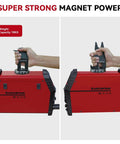MIG Welding Torch Holder With Magnetic Base For Secure Hands Free Torch Positioning On MIG Gun, side and front view showing magnet strength.