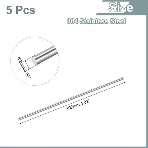 5Pcs 2Mm By 102Mm Stainless Steel Rods 304 Solid Round Lathe Bars shown with dimensions and material details