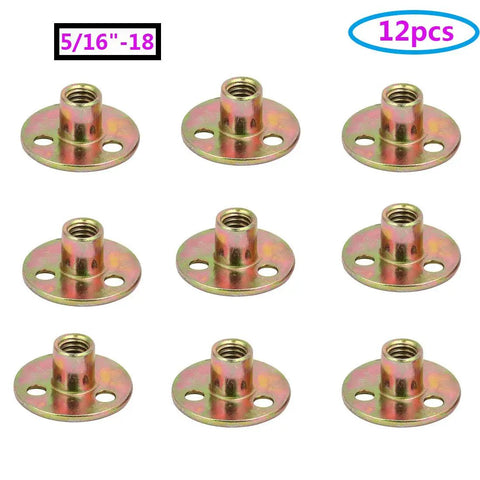 Built Like A Tank Zinc Plated Carbon Steel Screw In T Nuts With 5 16 18 Thread And Round Base Flange for furniture assembly, pack of 12.