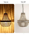 Wood Bead Chandelier Pendant For Boho Beachy Vibe Living Room Lighting, large ceiling lamp turned on and off, gray white finish