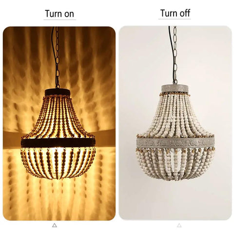 Wood Bead Chandelier Pendant For Boho Beachy Vibe Living Room Lighting, large ceiling lamp turned on and off, gray white finish