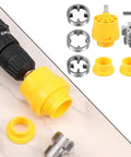 Heavy Duty PVC Pipe Threader Kit With 3 Precision Dies For Quick Cutting And Threading displayed with drill and components.