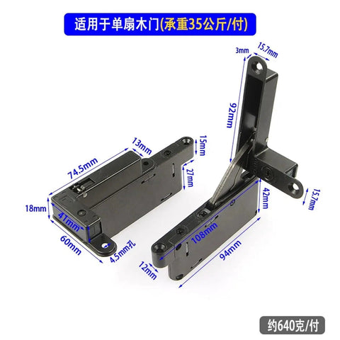 Heavy Duty Adjustable Cabinet Hinge With Hydraulic Soft Close Buffer Dead Reliable Heaven And Earth Pivot Mount For Smooth Operator Furniture Mods In Glossy Black showing dimensions and details.