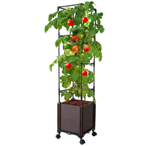 56 Inch Raised Garden Bed With Tomato Cage And Trellis, Self Watering Planter Box For Vegetables And Flowers with lockable wheels