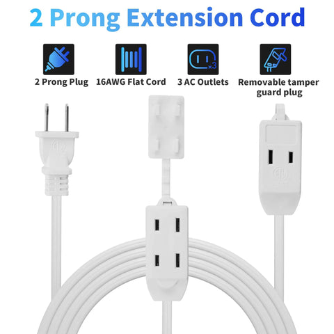 Beefy Two Prong Four Foot Extension Cable With Three Outlets Flat Power Cord Tamper Guard ETL Listed Outlet Saver
