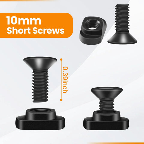 PUKESI 12-pc T-nut and screw set for M-Rails; 10mm short screws, nuts, 3 Allen wrenches, front view, black