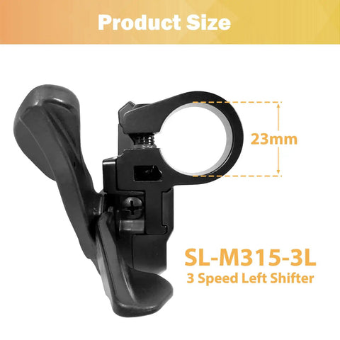 Left Hand 3 Speed Bike Shifter SL-M315 For Mountain, Road And Commuter Bikes, 23mm diameter, beefy aluminum build