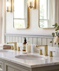 Top Shelf Brushed Gold 3 Hole 8 Inch Widespread Bathroom Sink Faucet Built Dang Solid For Zero Leak Reliability And Flows Smooth As Butter Straight Out The Box in a stylish bathroom setting.