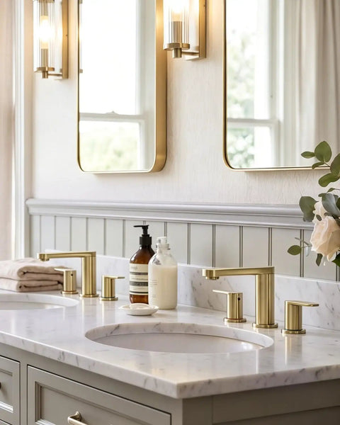 Top Shelf Brushed Gold 3 Hole 8 Inch Widespread Bathroom Sink Faucet Built Dang Solid For Zero Leak Reliability And Flows Smooth As Butter Straight Out The Box in a stylish bathroom setting.