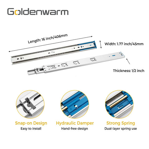 Top Shelf 10 Pair 16 Inch Heavy Duty Soft Close Drawer Slides Featuring Whisper Quiet Ball Bearings For Kitchen Cabinets And Workshop Drawers Built Tough To Carry Serious Weight Without Any Fuss Or Friction, showcasing dimensions and features.