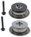 Front view: Pair variable timing camshaft phasers with bolts, black and gray, for GM 2.0L/2.4L engines.