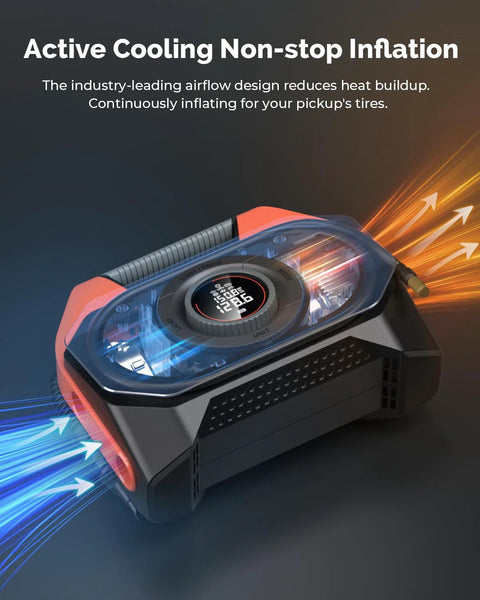 ETENWOLF VORTEX S6 tire inflator, front view, cordless portable air compressor with orange body and digital display
