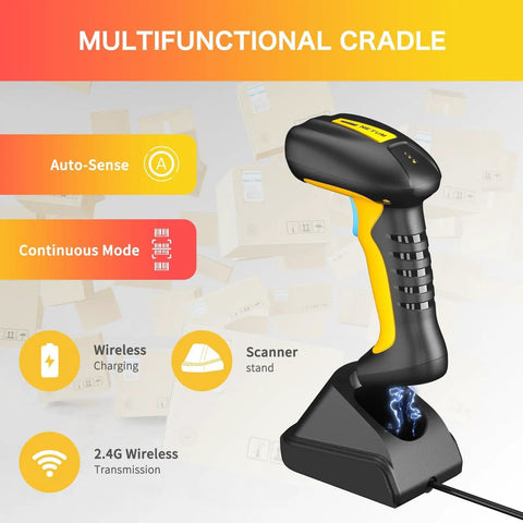 Industrial Bluetooth Barcode Scanner With Charging Dock on multifunctional cradle, featuring 2.4G wireless and auto-sense mode.