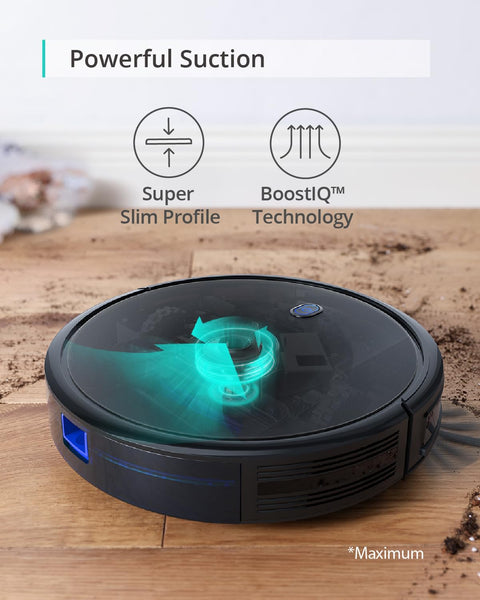 Certified Refurbished BoostIQ RoboVac 11S MAX Robot Vacuum Cleaner with Ultra Thin Body on hardwood floor with debris.