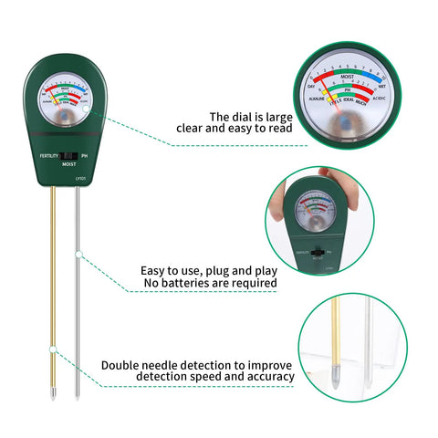 Three In One Soil Tester For Garden And Lawn Care With PH Fertility Test And Moisture Meter No Battery Needed Easy To Use Probe
