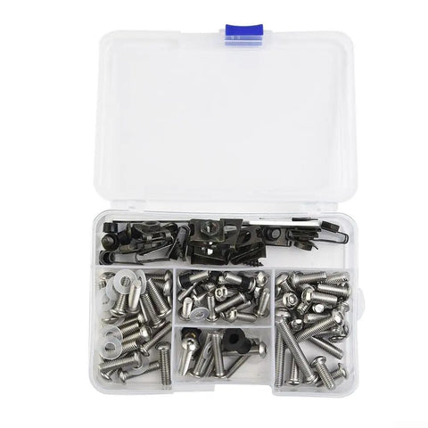 Complete Fairing Bolt Kit For ZX6R 636 ZX6RR Sportbike Track Pack 155 Piece Stainless Steel Hardware Set With Socket Head Bolts Flange Bolts Washers Windshield Fasteners And Two Wrench Tools For A Slick Factory Quality Fit. 155-piece stainless fairing bolt kit in plastic case, bolts and fasteners arranged