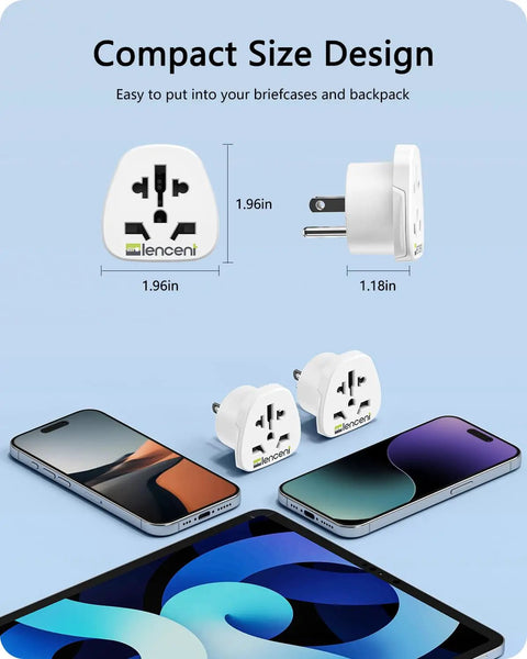 World To US Plug Adapter 2 Pack Universal Travel Power Converter for Europe UK Australia China Italy Switzerland to USA Outlets with compact size design next to smartphones.