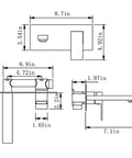 Technical drawing of Wall Mounted Bathroom Faucet Solid Brass Construction With Single Handle Modern Style Wall Mount Sink Faucet Brushed Gold Finish Rough In Valve Included Durable Tarnish Resistant Clean Water Flow.