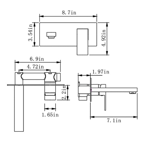 Technical drawing of Wall Mounted Bathroom Faucet Solid Brass Construction With Single Handle Modern Style Wall Mount Sink Faucet Brushed Gold Finish Rough In Valve Included Durable Tarnish Resistant Clean Water Flow.