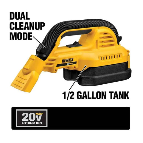 Image showing 20V Max Cordless Hand Vacuum for Wet and Dry Cleanup with 1/2 gallon tank and front utility nozzle.