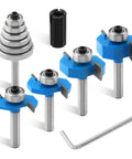 Pro Grade Carbide Rabbet Router Bit Set With Four T-Slot Bits And Six Bearing Heads, One Quarter Inch Shank, Includes Wrench And Handle Adapter