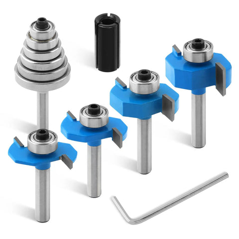 Pro Grade Carbide Rabbet Router Bit Set With Four T-Slot Bits And Six Bearing Heads, One Quarter Inch Shank, Includes Wrench And Handle Adapter