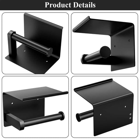 Toilet Paper Holder With Shelf And Towel Hooks Wall Mount Easy Install Adhesive Or Screw Mount Stainless Steel Matte Black Bathroom Organizer Kit With Phone Shelf Rust Resistant Dope Storage Solution