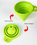 Four Pack Foldable Silicone Funnels Designed To Ditch The Drips And Streamline Liquid Transfers Between Kitchen Bottles Home Bars And Road Trip Gear For A Hassle Free Pour Every Single Time showcasing expanding and collapsing features.