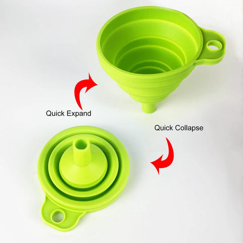 Four Pack Foldable Silicone Funnels Designed To Ditch The Drips And Streamline Liquid Transfers Between Kitchen Bottles Home Bars And Road Trip Gear For A Hassle Free Pour Every Single Time showcasing expanding and collapsing features.