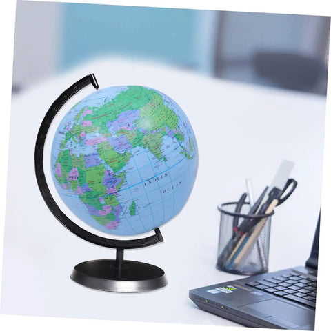 Inflatable World Globe Beach Ball For Kids Learn Geography With Detailed Continents, Countries, Capitals And Oceans on stand.