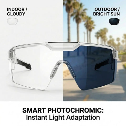 Heavy Duty Photochromic Safety Glasses Featuring Uv400 Polarized Auto Darkening Lenses And Impact Resistant Frames for indoor and outdoor use.
