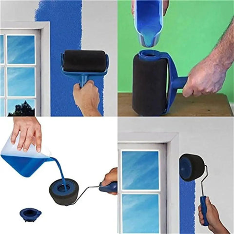 Super Slick Seamless Paint Roller Brush Kit With Flocked Wall Edger And Handy Glove in use painting walls and adding paint from cup.