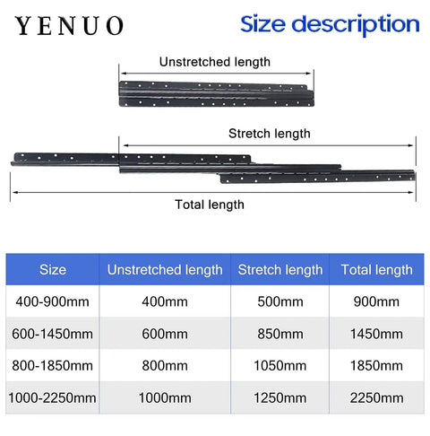 Undermount Heavy Duty Full Extension Drawer Slides Black 32 Inch One Pair size chart with measurements for total length stretch