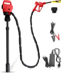 Heavy Duty Electric Drum Pump Is A Real Heavy Hitter Delivering Killer 5 Gpm Flow With Flexible Dual 120V AC And 12V DC Hookups To Move Diesel DEF Water Antifreeze. Image shows pump with red handle and connectors.