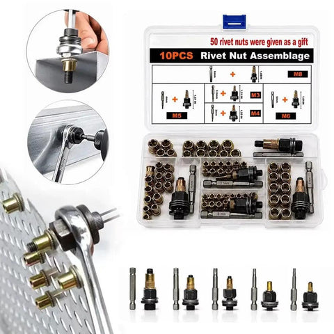 Real Deal Heavy Duty Rivet Nut Tool Set With Tough Carbon Steel Inserts In M3 M4 M5 M6 M8 Sizes For Car Repair And Sheet Metal Fabrication Drill Ready Pro Kit case with assorted rivet nuts and tools.