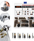 Kickass Head Rivet Nut Tool Kit With M3 M4 M5 M6 M8 Adapters showing various rivet nuts and tools in a clear CASE for DIY metalwork.