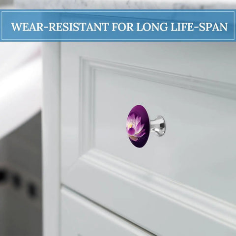 Two Pack Round Cabinet Knobs And Drawer Pulls 1.1 Inch For Kitchen Dresser Purple Flower Finish Durable Stainless Steel Aluminum on white cabinet