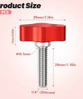 4 Pack 1/4 20 X 1 Inch Stainless Steel Thumb Screws Hella Durable Finger Bolts showing red knob and dimensions for quick assembly.