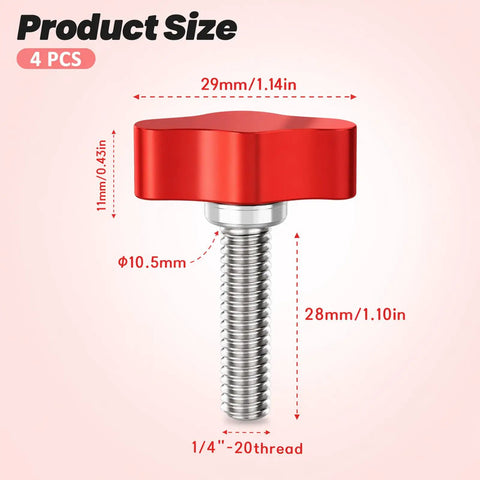 4 Pack 1/4 20 X 1 Inch Stainless Steel Thumb Screws Hella Durable Finger Bolts showing red knob and dimensions for quick assembly.