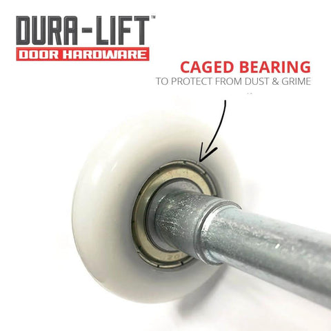 Close-up of 2 Inch Nylon Garage Door Roller With 6200Z Bearing And 4 Inch Stem, highlighting caged bearing design.