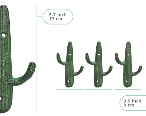 Roll With That Chill Southwest Vibe Using This Set Of Three Rustic Green Cast Iron Cactus Wall Hooks, 6.7" and 3.5" sizes.