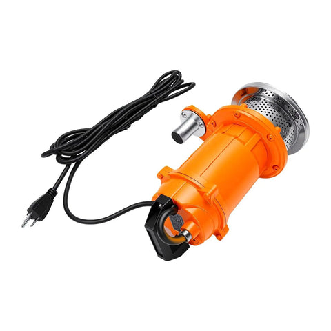 Heavy Duty Submersible Sump Pump With Beefed Up Stainless Steel Housing Moves 6000 GPH, orange design with USA plug and cable.