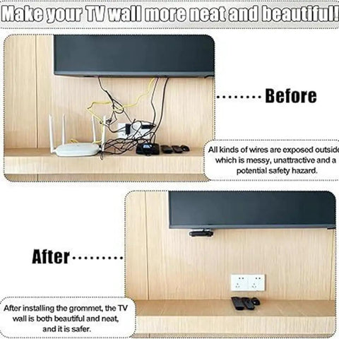 Super Cool Wall Mounted TV Cord Hider With 60mm Grommet Kit And Drill For A Clean Look And Safe Cable Management Using Tough Abs Materials, before and after TV wall cable setup
