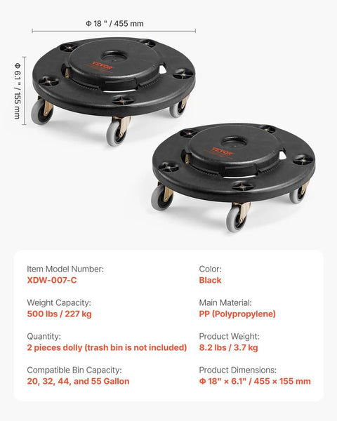 Heavy Duty Trash Can Dolly For 20 32 44 And 55 Gallon Bins Two Pack with smooth swivel wheels, black polypropylene, 18" diameter.
