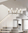 Lit Modern Sputnik Chandelier Light Fixture 6 Light Brushed Brass Pendant Ceiling Light in dining room, mid-century style.
