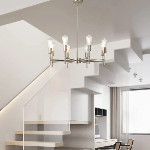 Lit Modern Sputnik Chandelier Light Fixture 6 Light Brushed Brass Pendant Ceiling Light in dining room, mid-century style.