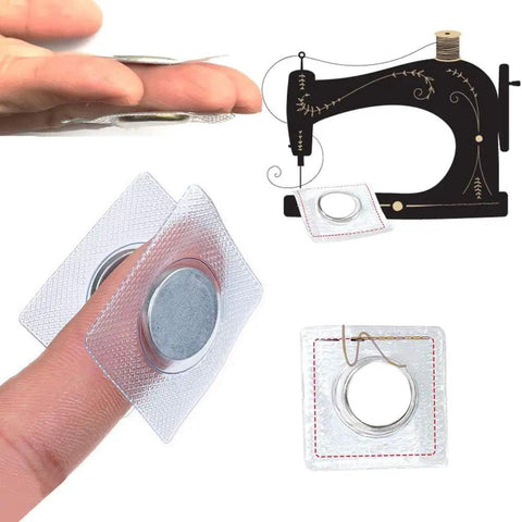 Plus 16 Piece Sew In Magnetic Snap Assortment Featuring Slim Invisible PVC Encased Closures on a finger with sewing machine in background.