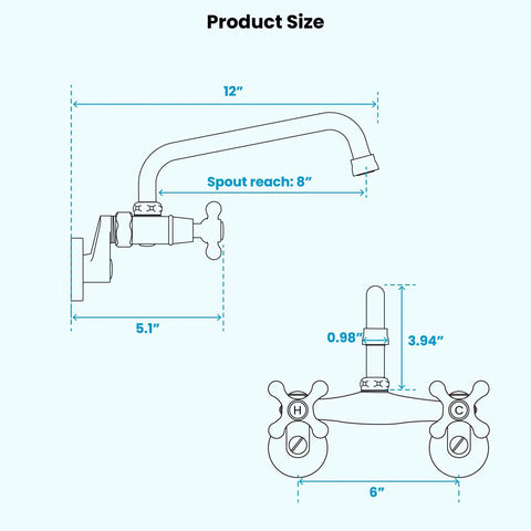 Dimensions diagram of Wall Mount Kitchen Sink Faucet With Double Cross Handles, 360 Degree Rotatable Spout, 8 Inch Reach.
